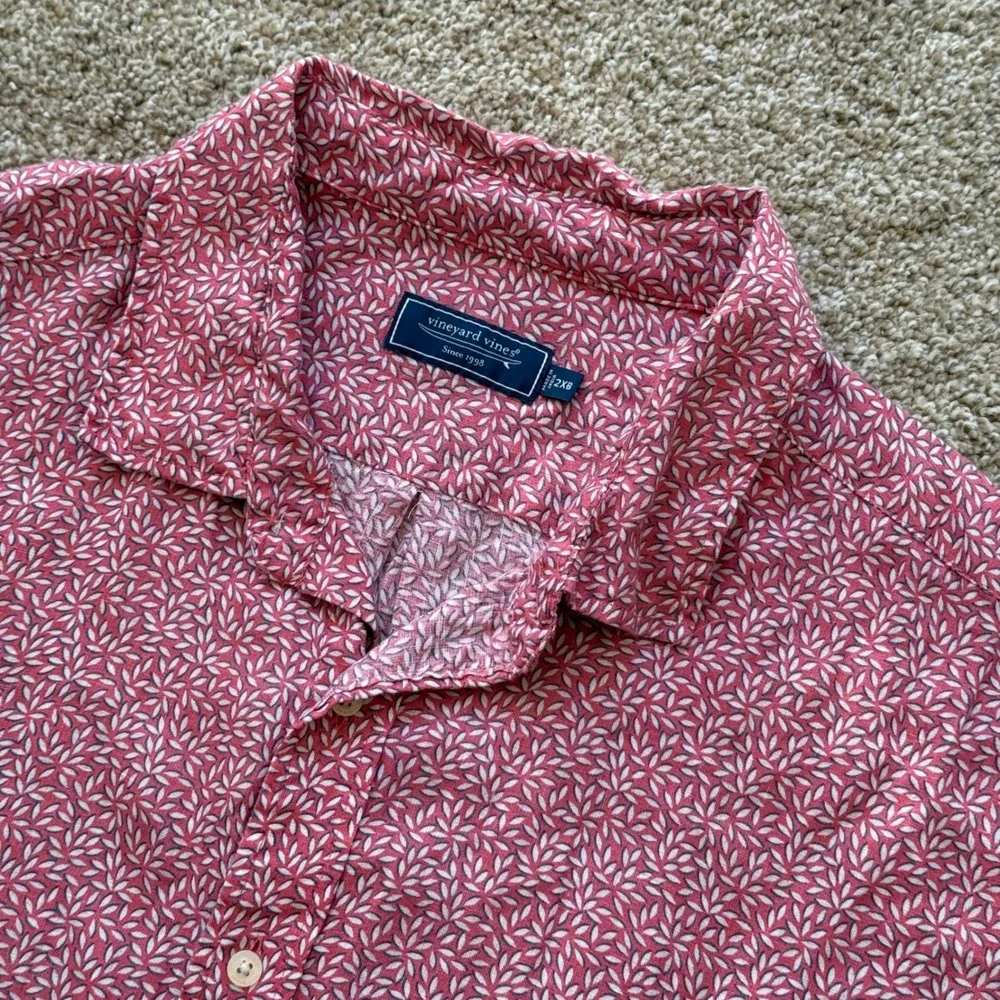 Vineyard Vines Button Down Mens 2XB Red Leaf Print Short Sleeve Shirt